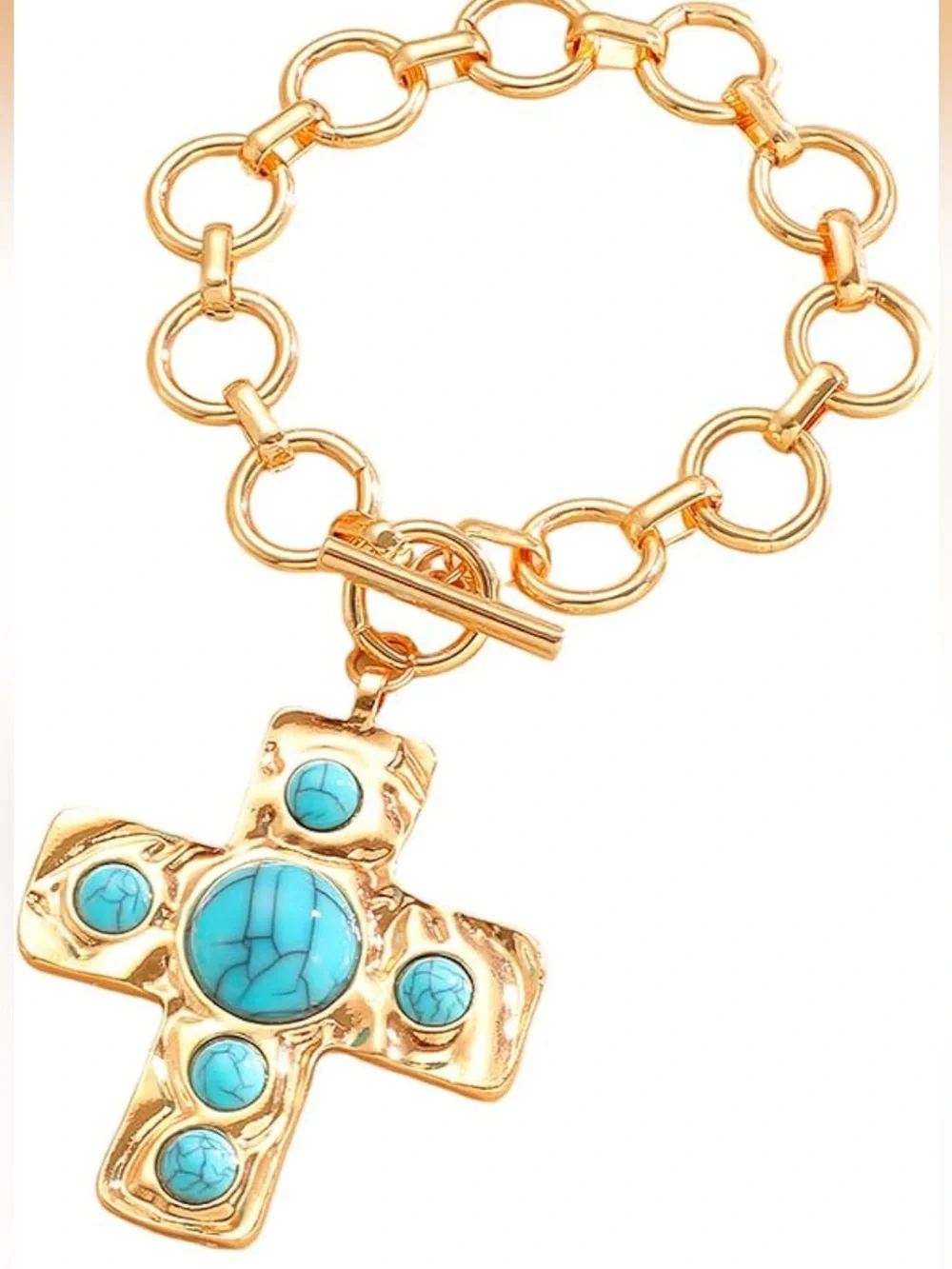 Anthropologie Gold-Tone Chain Necklace with Turquoise Cross Pendant